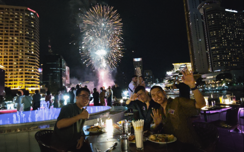 Me and friends under the fireworks  - Bangkok Dinner Cruise for a Memorable Birthday - Leo Trails