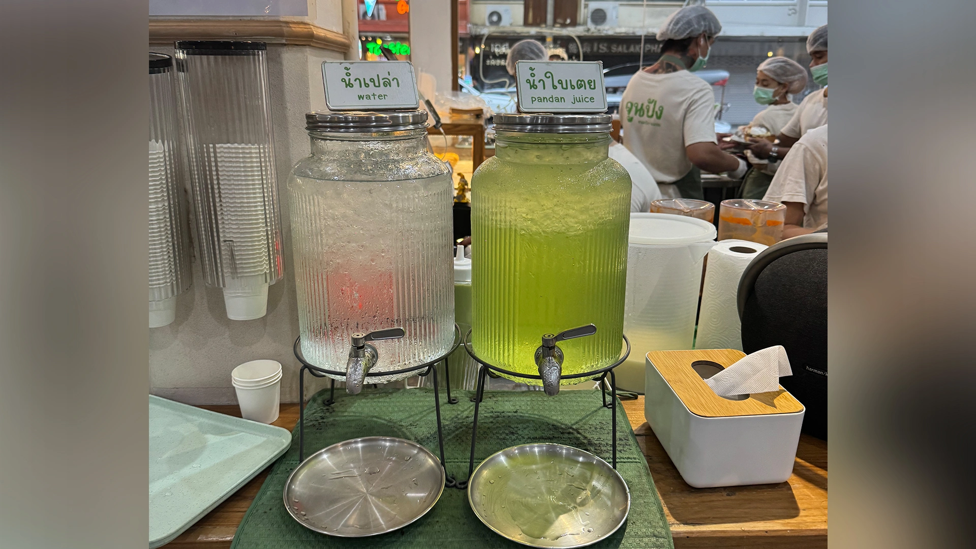 Complimentary Free pandan juice and drinking water station at June pang dessert shop in Bangkok