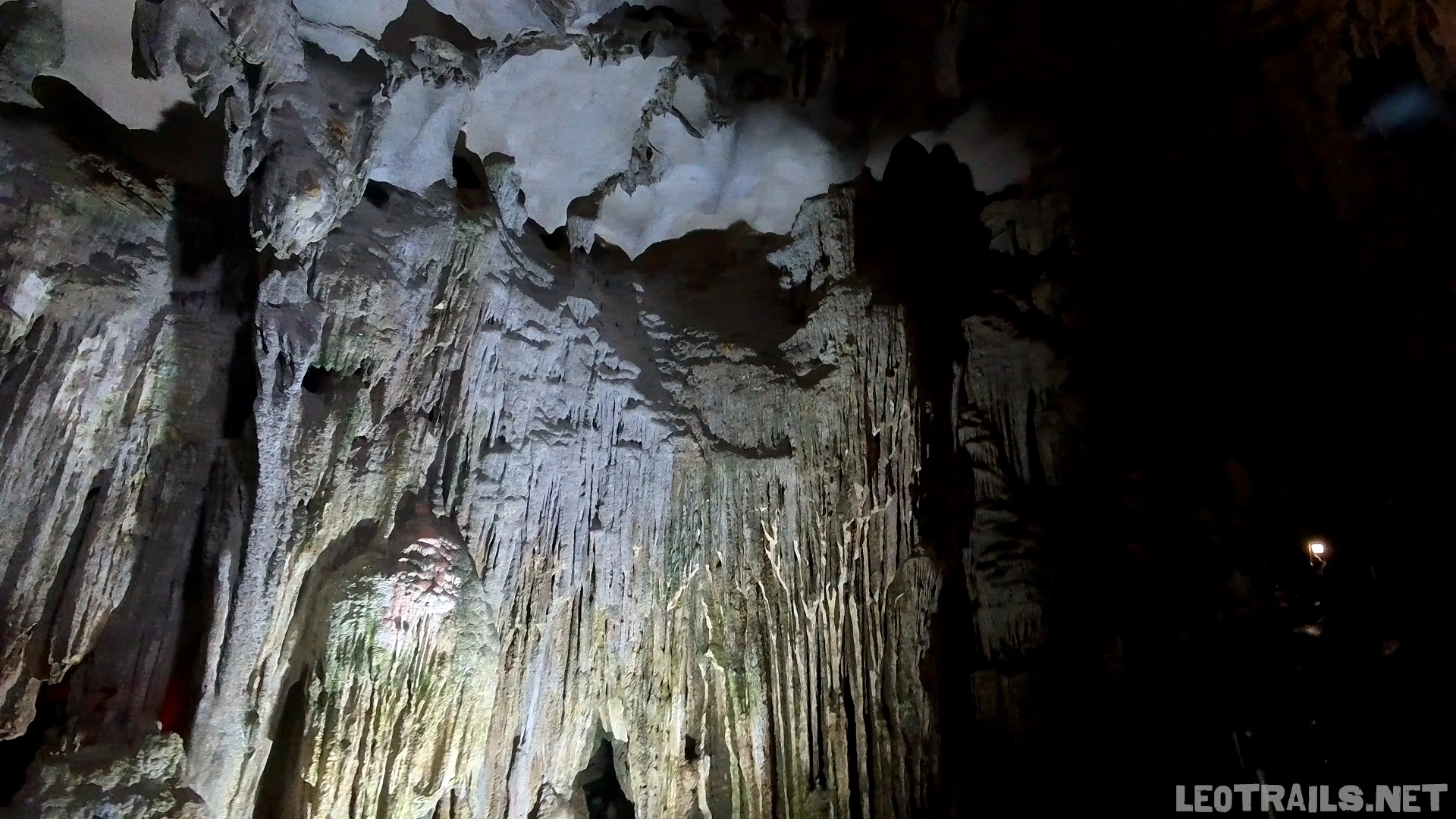 Close-up interior view of a towering vertical rock wall inside Sung Sot Cave in Ha Long Bay, Vietnam, showcasing detailed, dripping stalactite formations and limestone curtain patterns illuminated from below by bright white light, fading into pure darkness on the right.