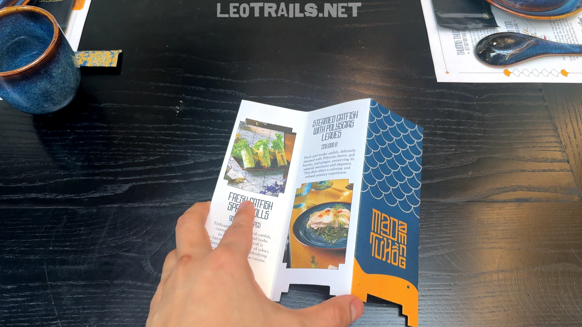 A person's hand holding open a tri-fold menu at MaDam Tư Hồng  restaurant, showcasing catfish specialities like fresh catfish spring rolls and steamed catfish with polyscias leaves.