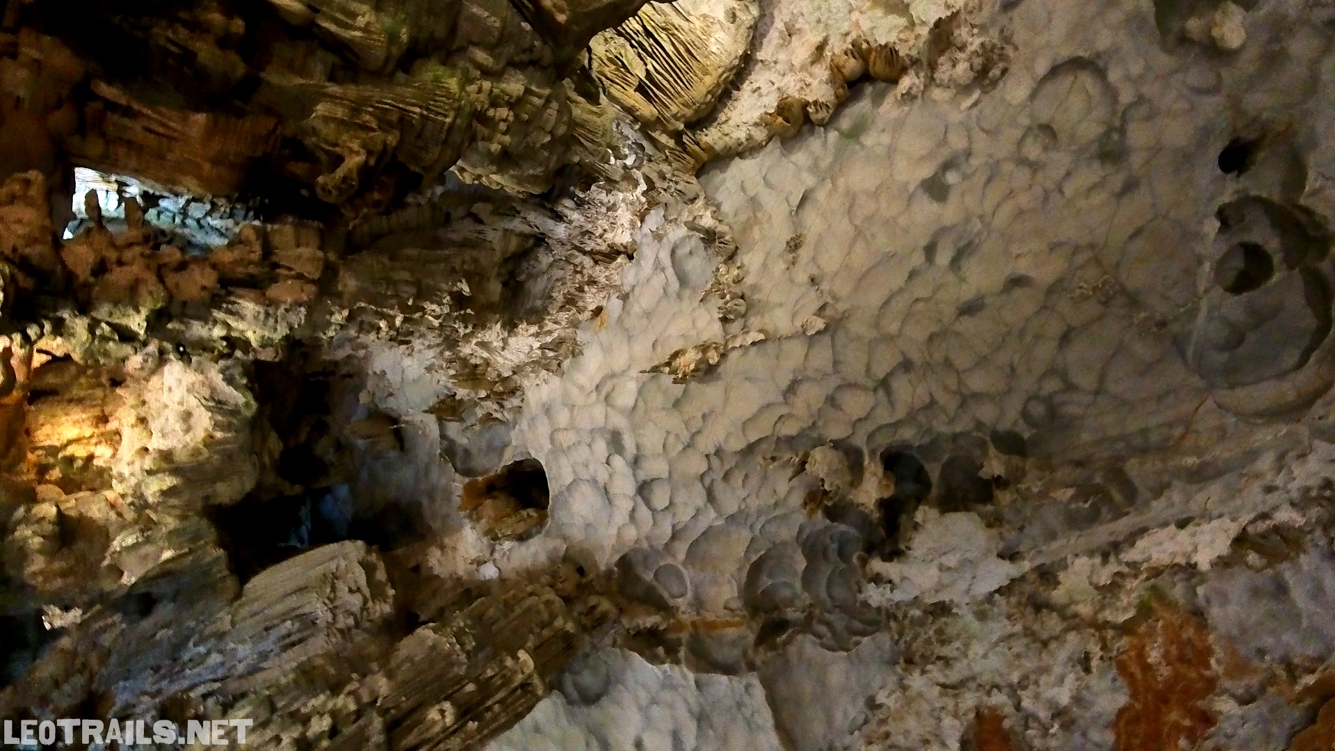 Low-angle view of the intricate rock formations, scalloped ceiling textures, and natural stalactites inside Thien Cung Cave.