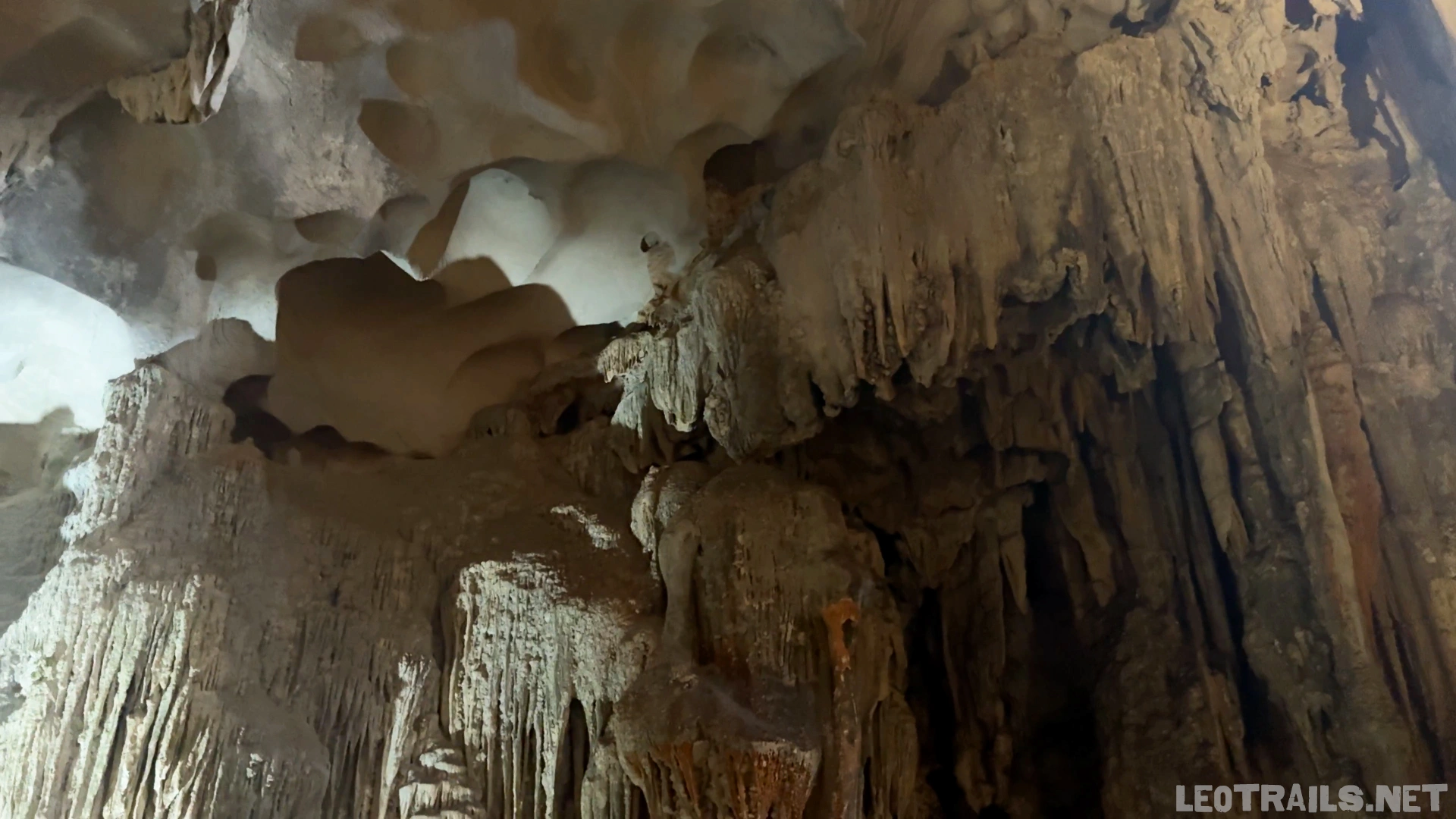 Low-angle interior view of the complex limestone ceiling inside Sung Sot Cave in Ha Long Bay, Vietnam, showcasing a heavily dimpled, honeycombed rock surface illuminated by soft white light, cascading down into massive vertical stalactite pillars.
