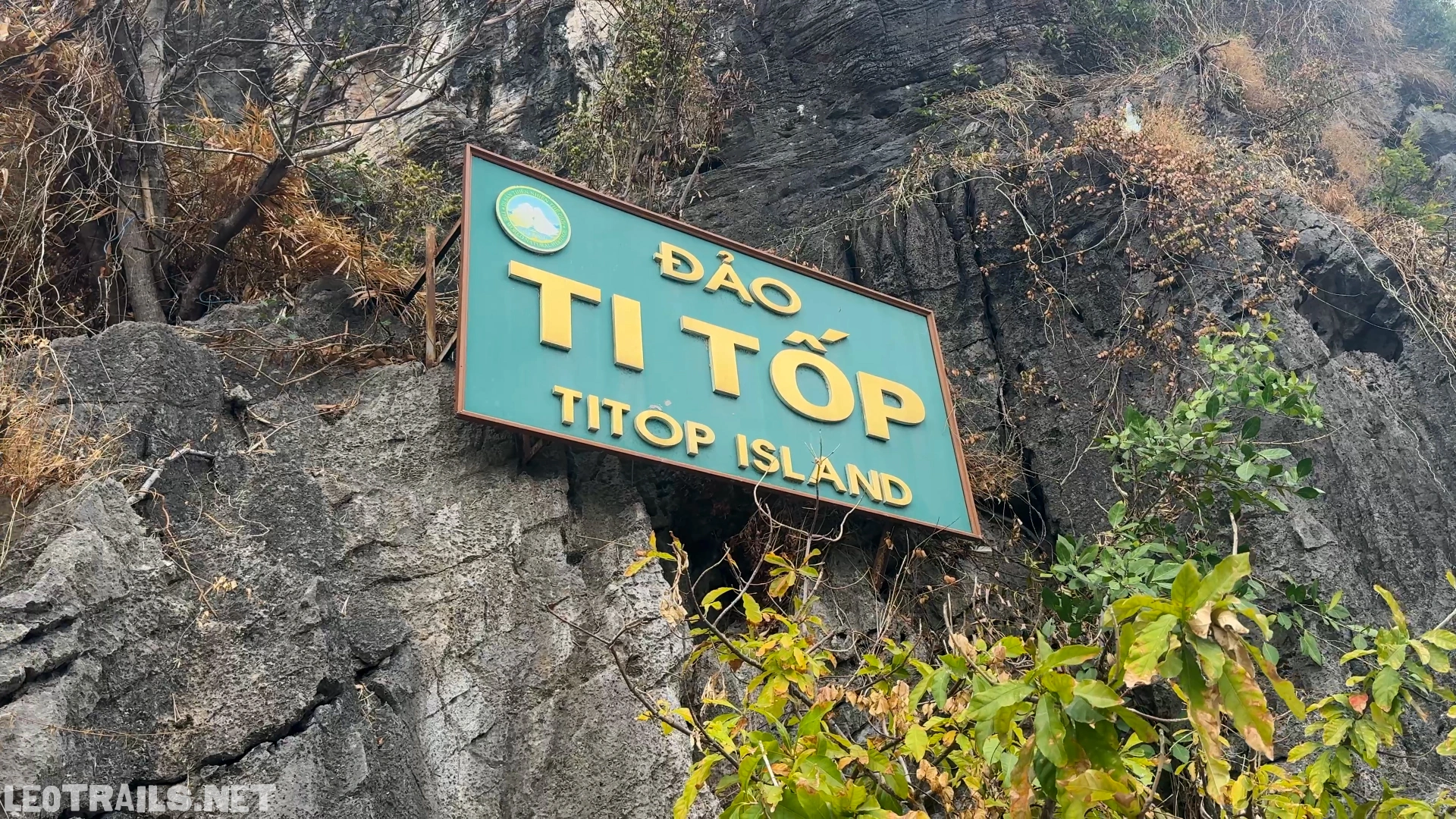 A medium-shot of a large, rustic green metal signboard mounted directly onto a jagged gray limestone cliffside on Ti Top Island in Ha Long Bay, Vietnam. The sign features golden yellow lettering displaying the Vietnamese text "ĐẢO TI TỐP" above the English translation "TITOP ISLAND", with low tree branches and green leaves framing the bottom.
A medium-shot of a large, rustic green metal signboard mounted directly onto a jagged gray limestone cliffside on Ti Top Island in Ha Long Bay, Vietnam. The sign features golden yellow lettering displaying the Vietnamese text "ĐẢO TI TỐP" above the English translation "TITOP ISLAND", with low tree branches and green leaves framing the bottom.